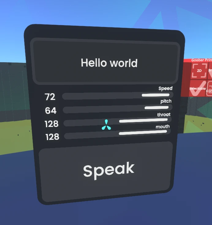 Screenshot of SAM TTS UIX, showing the text input, settings and speak button.